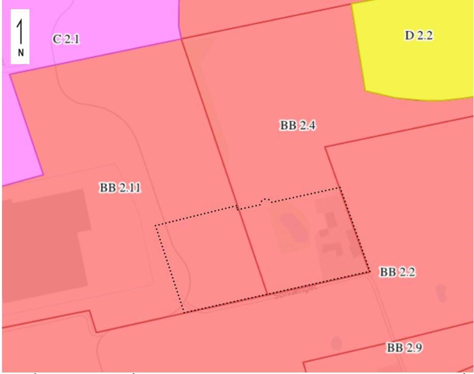 Planområdets placering i rammeområderne BB 2.4 ’Vinge By’ og BB 2.11 ’Vinge By’ i Kommuneplan 2021-2033. Der ændres ikke på de gældende rammer (Ikke målfast).