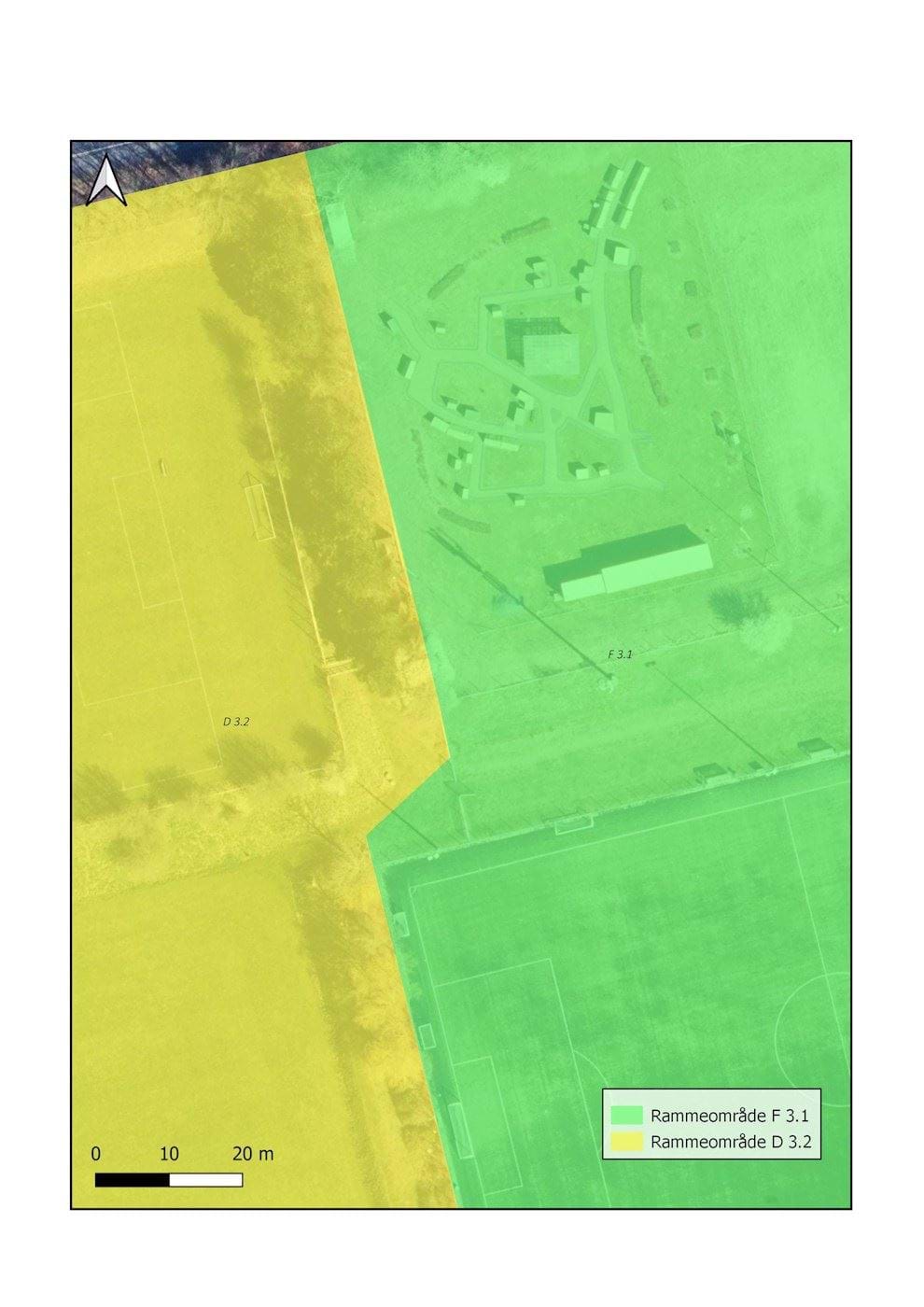 Kortbilag 1. Viser et kort over de eksisterende rammeområder: D 3.2 og F 3.1.