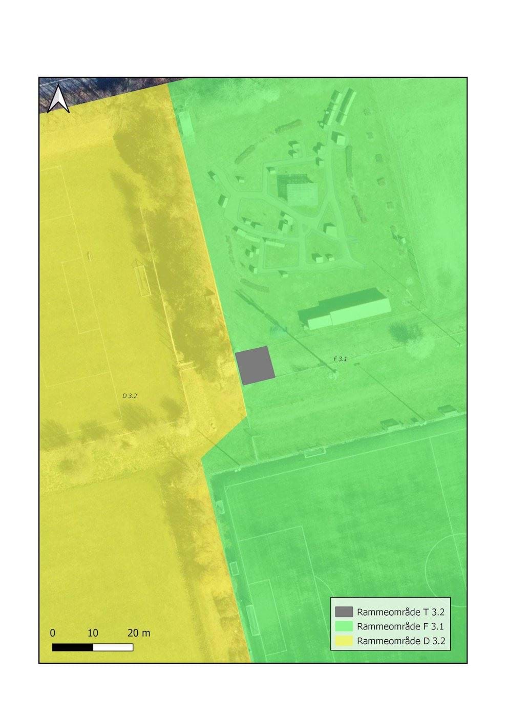 Kortbilag 2: Viser det nye rammeområde T 3.2, som tillæg 016 udlægger. Kortet viser, hvordan rammeområde T. 3.2 aflyser en del af rammeområde F 3.1.